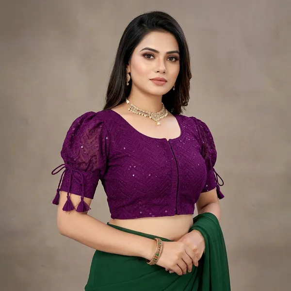 Purple_Georgette_Short_Sleeve_Front_Open_Round_Neck_Blouse_For_Women