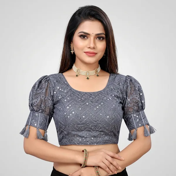 Grey_Silk_Padded_Round_Neck_Blouse_For_Women