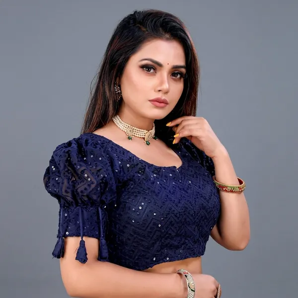 Blue_Silk_Padded_Round_Neck_Blouse_For_Women