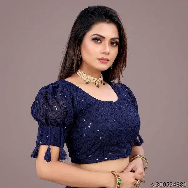 Blue_Silk_Padded_Round_Neck_Blouse_For_Women