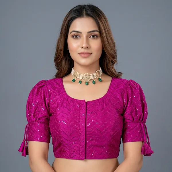 Purple_Silk_Padded_Front_Open_Round_Neck_Blouse_For_Women