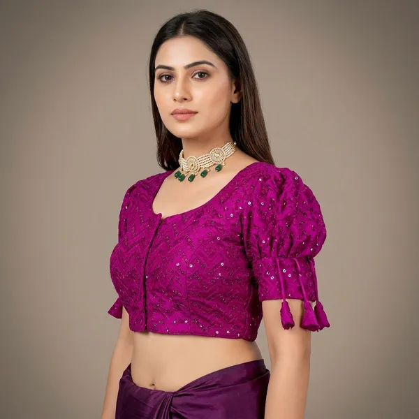 Purple_Silk_Padded_Front_Open_Round_Neck_Blouse_For_Women