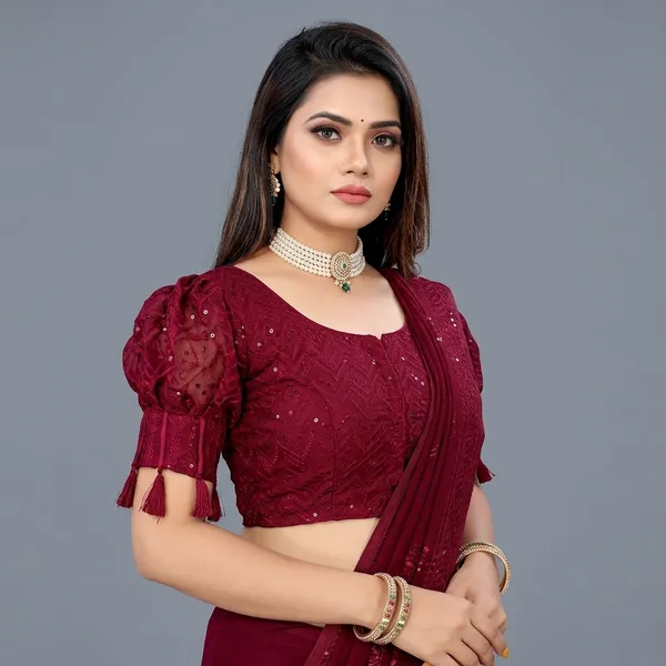 Maroon_Silk_Padded_Front_Open_Round_Neck_Blouse_For_Women