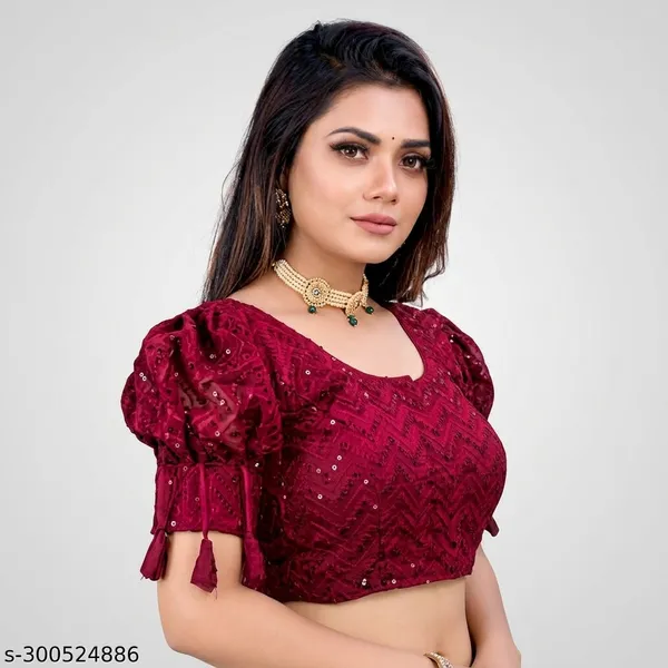 Maroon_Silk_Padded_Front_Open_Round_Neck_Blouse_For_Women