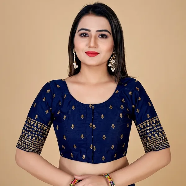Blue_Silk_Round_Neck_Non-Padded_Blouse_For_Women