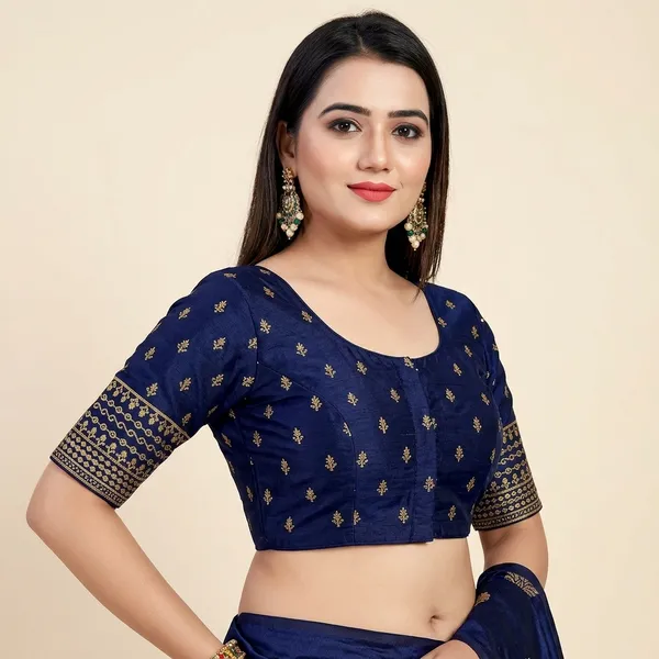 Blue_Silk_Round_Neck_Non-Padded_Blouse_For_Women