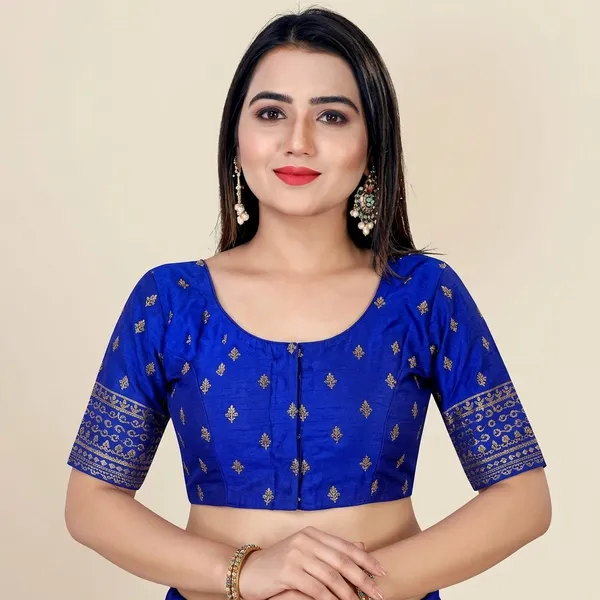 Blue_Silk_Round_Neck_Hook_Closure_Blouse_For_Women