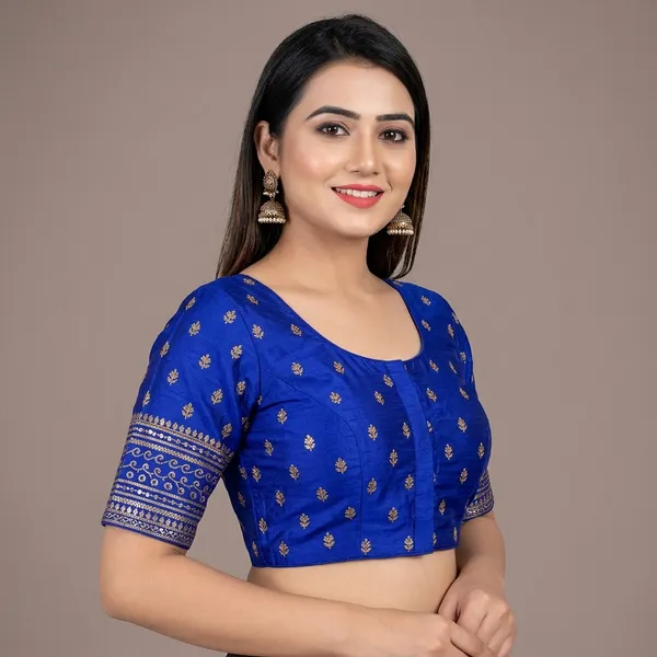 Blue_Silk_Round_Neck_Hook_Closure_Blouse_For_Women