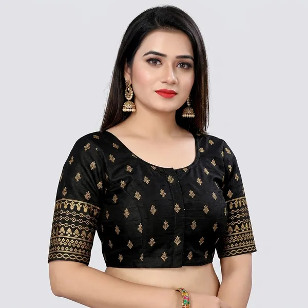 Black_Silk_Three-Quarter_Sleeve_Round_Neck_Blouse_For_Women