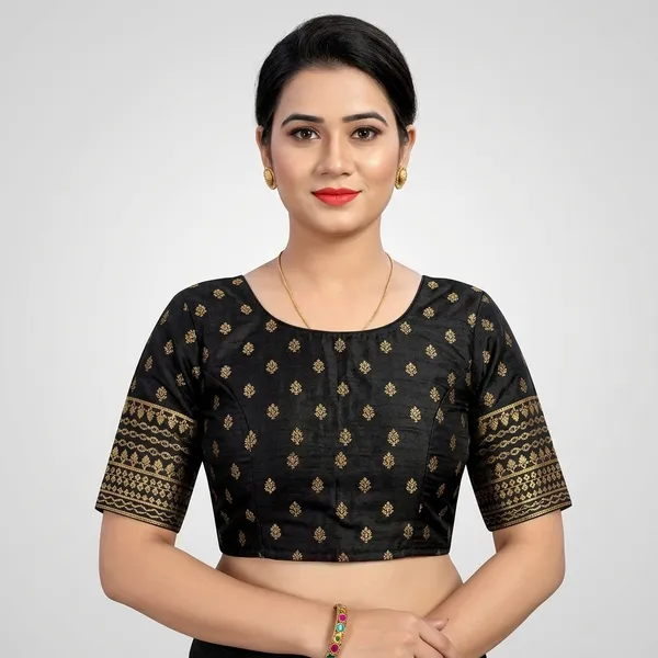 Black_Silk_Three-Quarter_Sleeve_Round_Neck_Blouse_For_Women