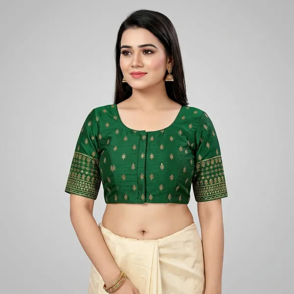 Green_Silk_Padded_Round_Neck_Blouse_For_Women