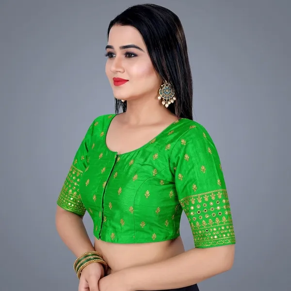 Green_Silk_Padded_Front_Open_Blouse_For_Women