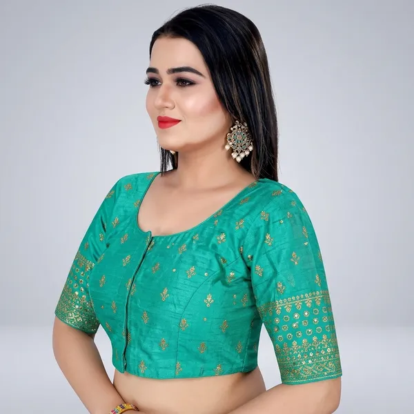 Green_Silk_Padded_Round_Neck_Blouse_For_Women