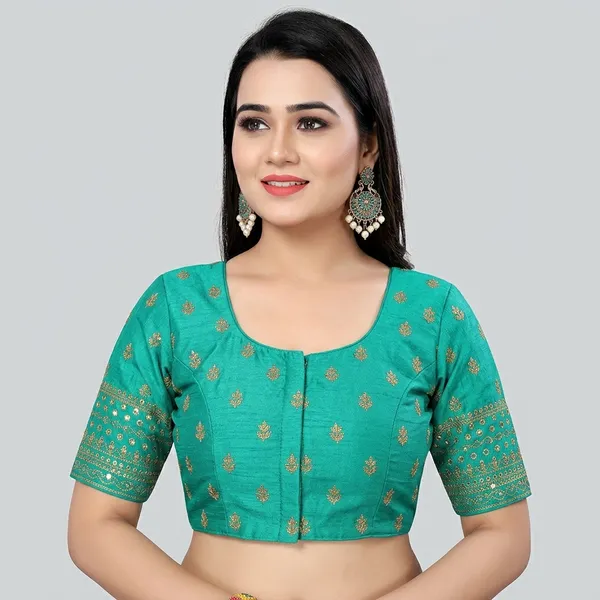 Green_Silk_Padded_Round_Neck_Blouse_For_Women