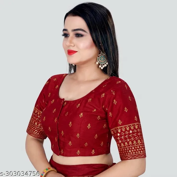 Maroon_Silk_Padded_Round_Neck_Blouse_For_Women
