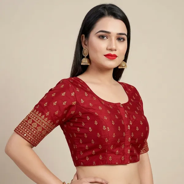 Maroon_Silk_Padded_Round_Neck_Blouse_For_Women
