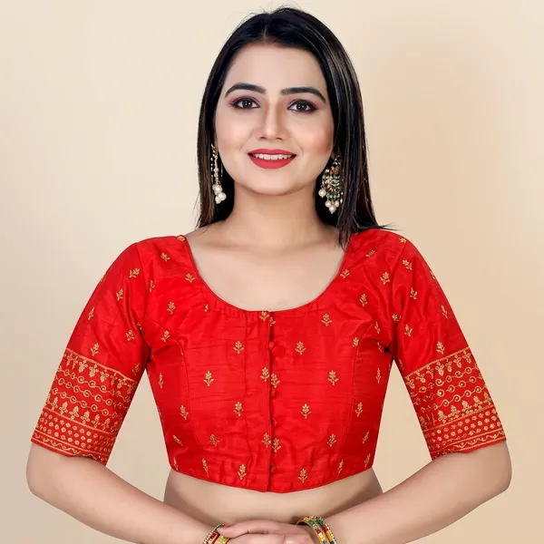 Red_Silk_Non-Padded_Front_Open_Round_Neck_Blouse_For_Women