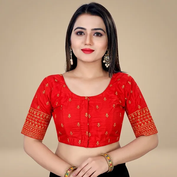 Red_Silk_Non-Padded_Front_Open_Round_Neck_Blouse_For_Women