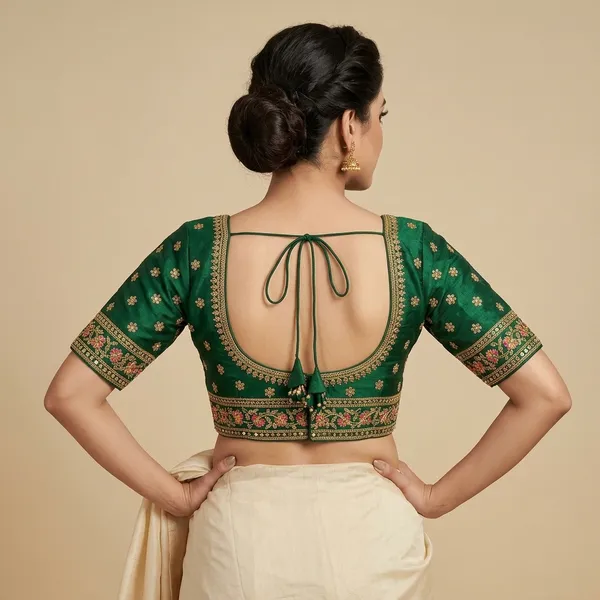 Green_Silk_Short_Sleeve_Deep_Scoop_Blouse_For_Women