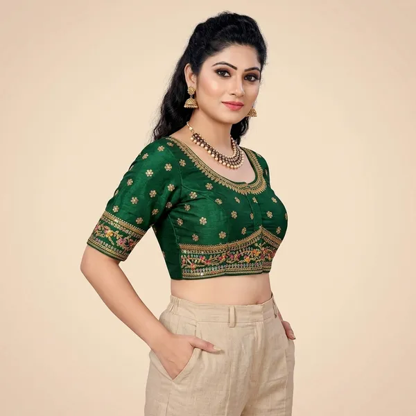 Green_Silk_Short_Sleeve_Deep_Scoop_Blouse_For_Women
