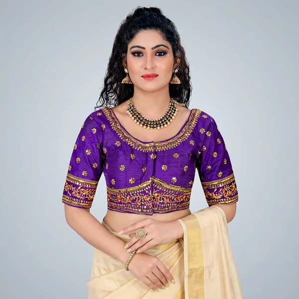 Violet_Silk_Short_Sleeve_Deep_Scoop_Blouse_For_Women