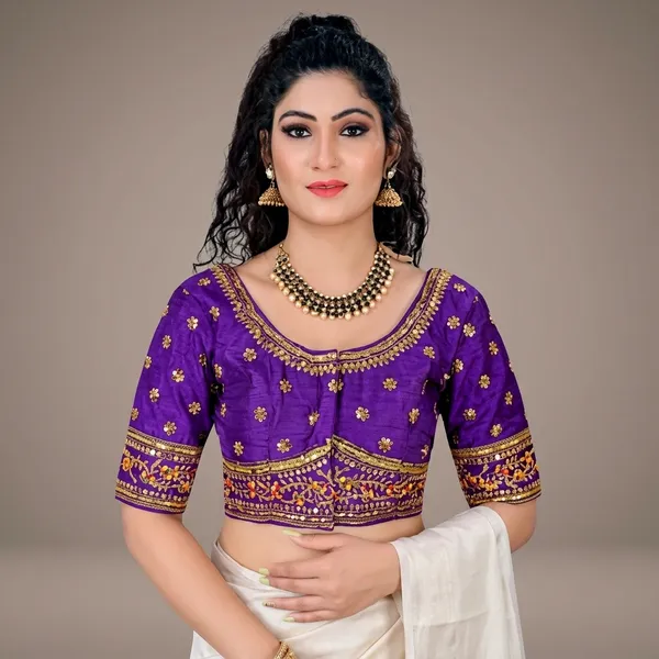 Violet_Silk_Short_Sleeve_Deep_Scoop_Blouse_For_Women