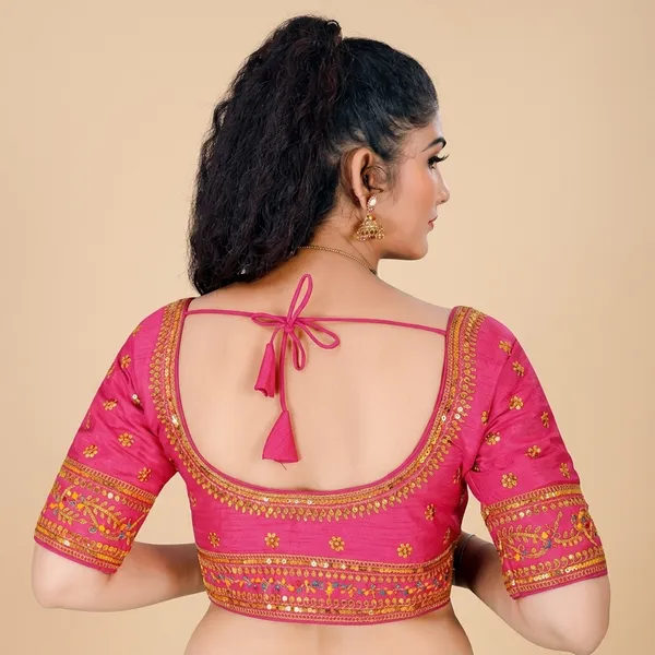 Pink_Silk_Short_Sleeve_Deep_Scoop_Blouse_For_Women