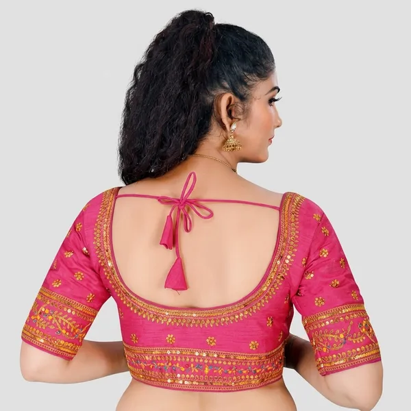 Pink_Silk_Short_Sleeve_Deep_Scoop_Blouse_For_Women