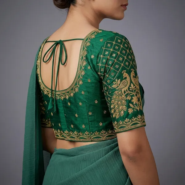 Green_Silk_Padded_Round_Neck_Blouse_For_Women