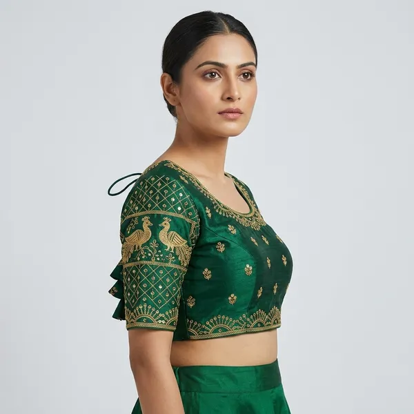 Green_Silk_Padded_Round_Neck_Blouse_For_Women