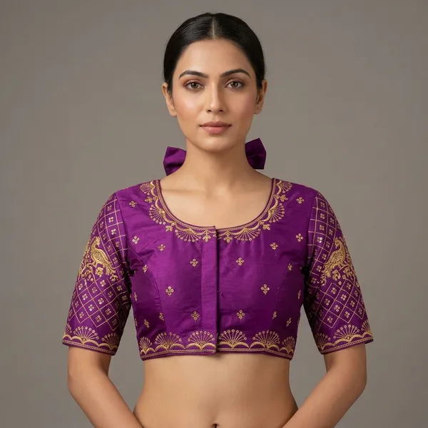 Purple_Silk_Padded_Round_Neck_Blouse_For_Women