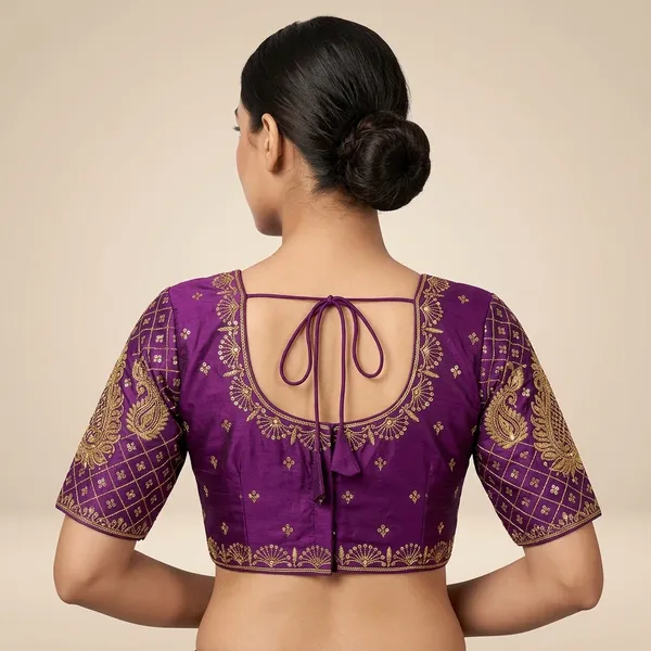 Purple_Silk_Padded_Round_Neck_Blouse_For_Women