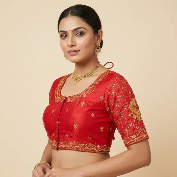 Red_Silk_Padded_Embroidered_Round_Neck_Blouse_For_Women