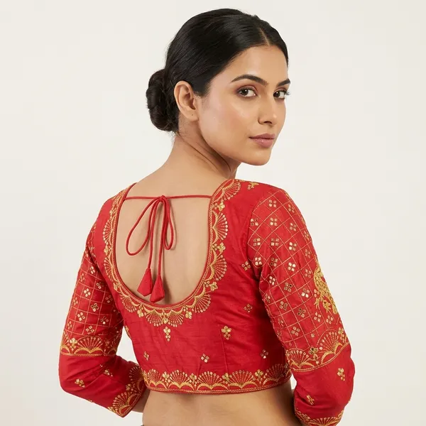 Red_Silk_Padded_Embroidered_Round_Neck_Blouse_For_Women