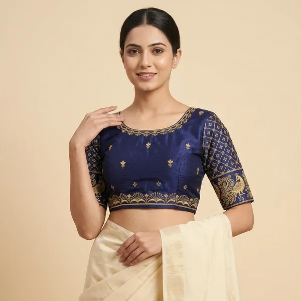 Blue_Silk_Padded_Round_Neck_Blouse_For_Women