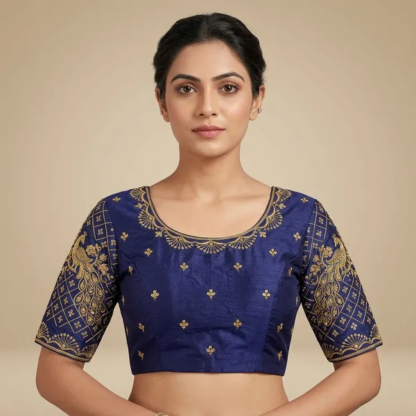 Blue_Silk_Padded_Round_Neck_Blouse_For_Women