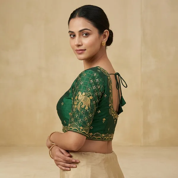 Green_Silk_Padded_Hook_Closure_Round_Neck_Blouse_For_Women