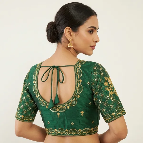 Green_Silk_Padded_Hook_Closure_Round_Neck_Blouse_For_Women