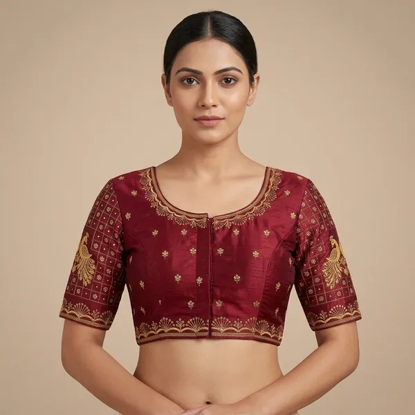 Maroon_Silk_Embroidered_Padded_Blouse_For_Women