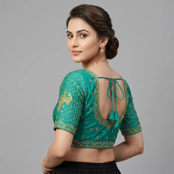 Green_Silk_Short_Sleeve_Round_Neck_Blouse_For_Women