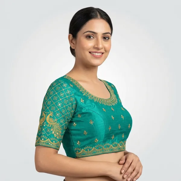 Green_Silk_Short_Sleeve_Round_Neck_Blouse_For_Women