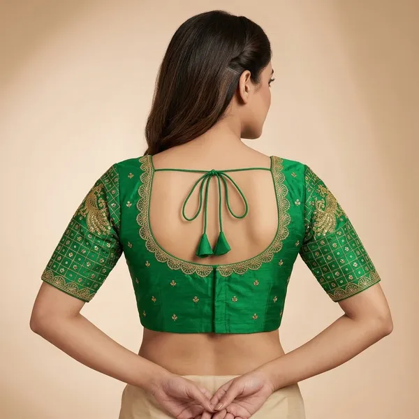 Green_Silk_Short_Sleeve_Tie-Up_Blouse_For_Women
