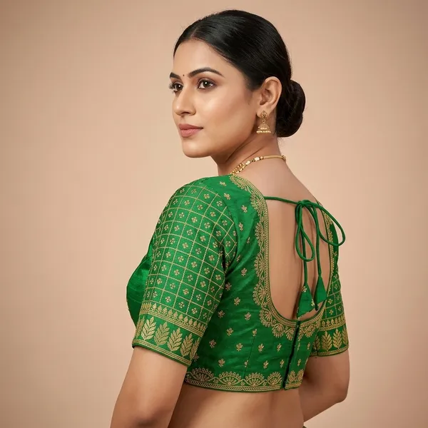 Green_Silk_Short_Sleeve_Tie-Up_Blouse_For_Women