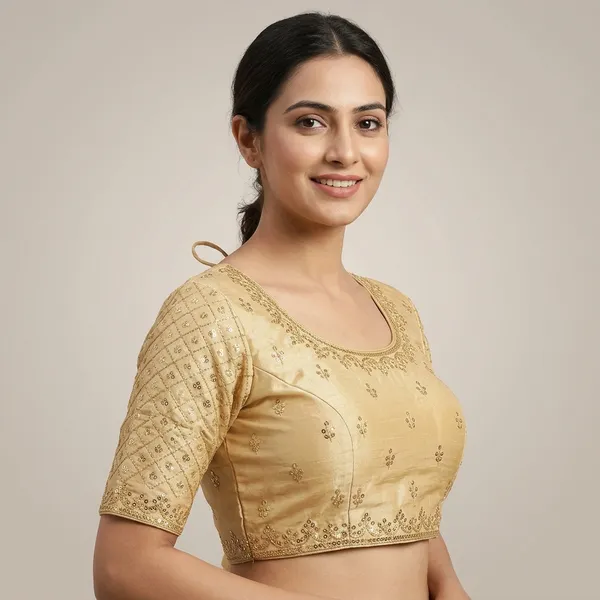 Gold_Silk_Padded_Tie_Closure_Loop_Neck_Blouse_For_Women