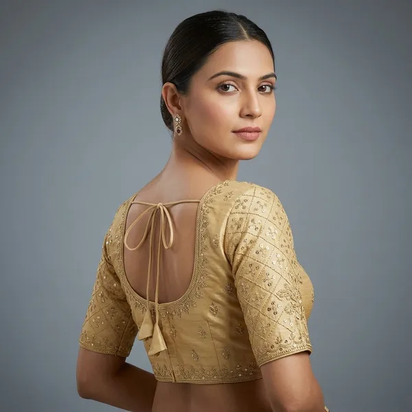 Gold_Silk_Padded_Tie_Closure_Loop_Neck_Blouse_For_Women