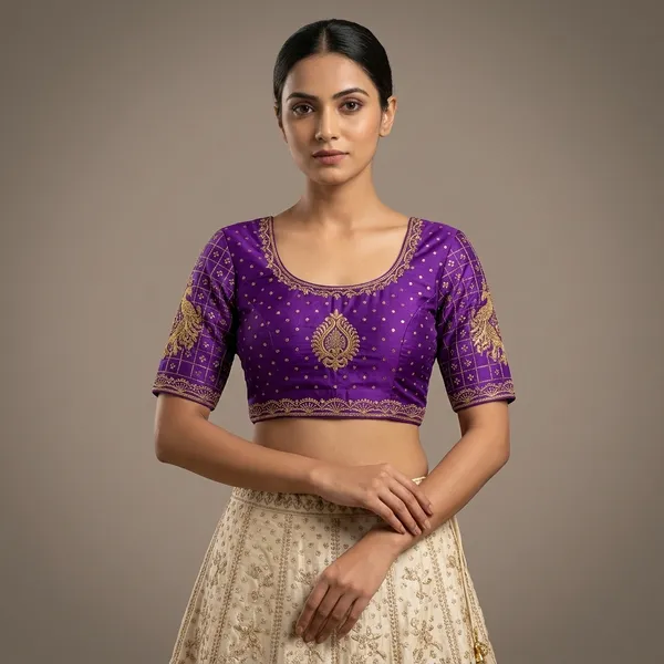 Purple_Silk_Padded_Hook_Closure_Round_Neck_Blouse_For_Women