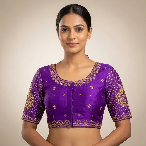 Purple_Silk_Padded_Hook_Closure_Round_Neck_Blouse_For_Women