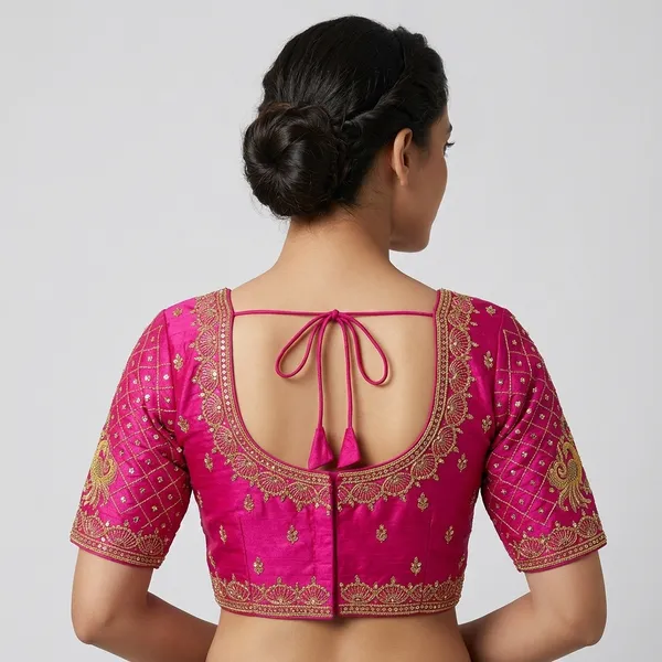 Pink_Silk_Padded_Round_Neck_Blouse_For_Women