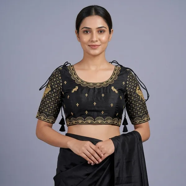 Black_Silk_Padded_Round_Neck_Blouse_For_Women