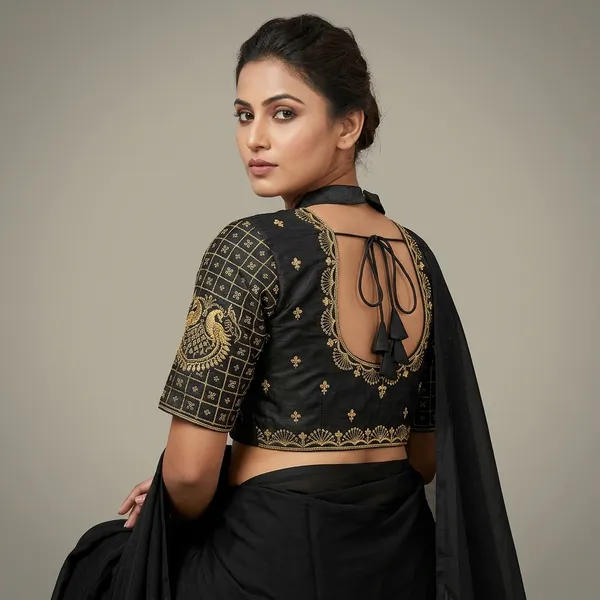 Black_Silk_Padded_Round_Neck_Blouse_For_Women